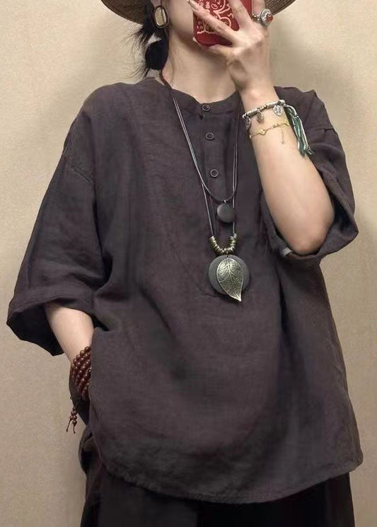 Lockeres dunkelrotes Baumwolltop mit Rundhalsausschnitt und Knopfleiste