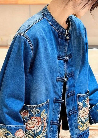 Loose Denim Blue Embroidered Chinese Button Pockets Coat Fall