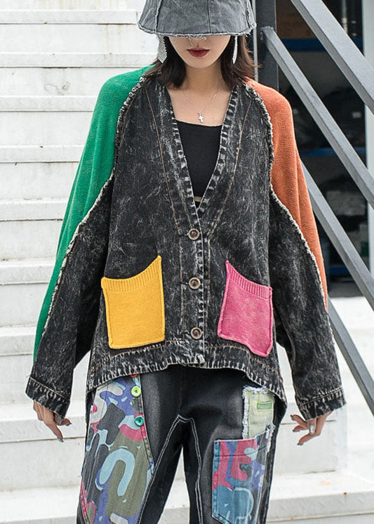Lose Denim Patchwork Strick V-Ausschnitt Taschen Knopf Herbstjacke Langarm