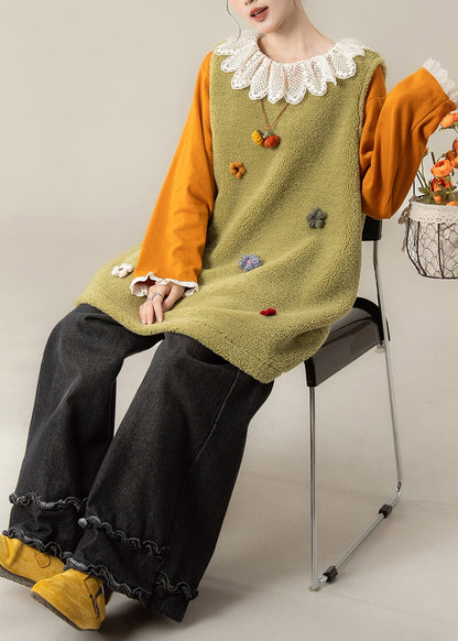 Loose Fruit Green Floral Fluffy Waistcoat And Black Ruffled Pants Two Pieces Set Sleeveless