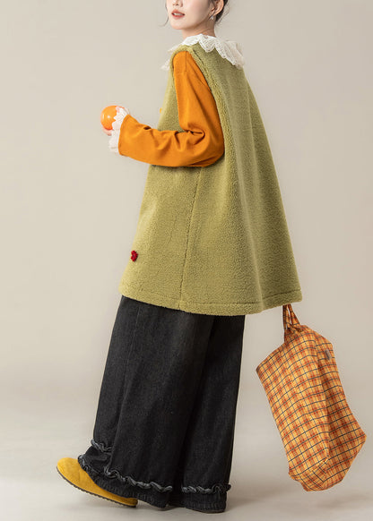 Loose Fruit Green Floral Fluffy Waistcoat And Black Ruffled Pants Two Pieces Set Sleeveless