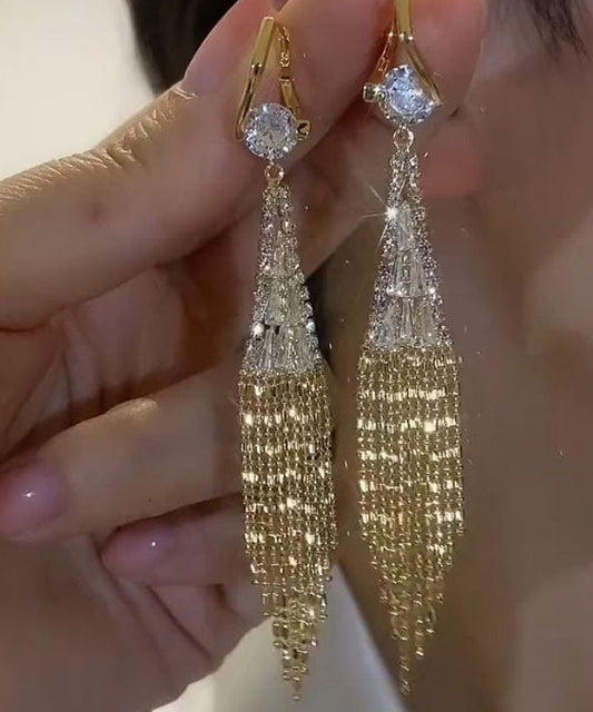Pendientes colgantes con borlas de circonitas y cobre dorado