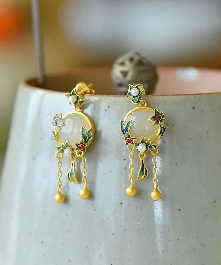Pendientes colgantes con borlas de jade esmaltado y dorado en plata de ley