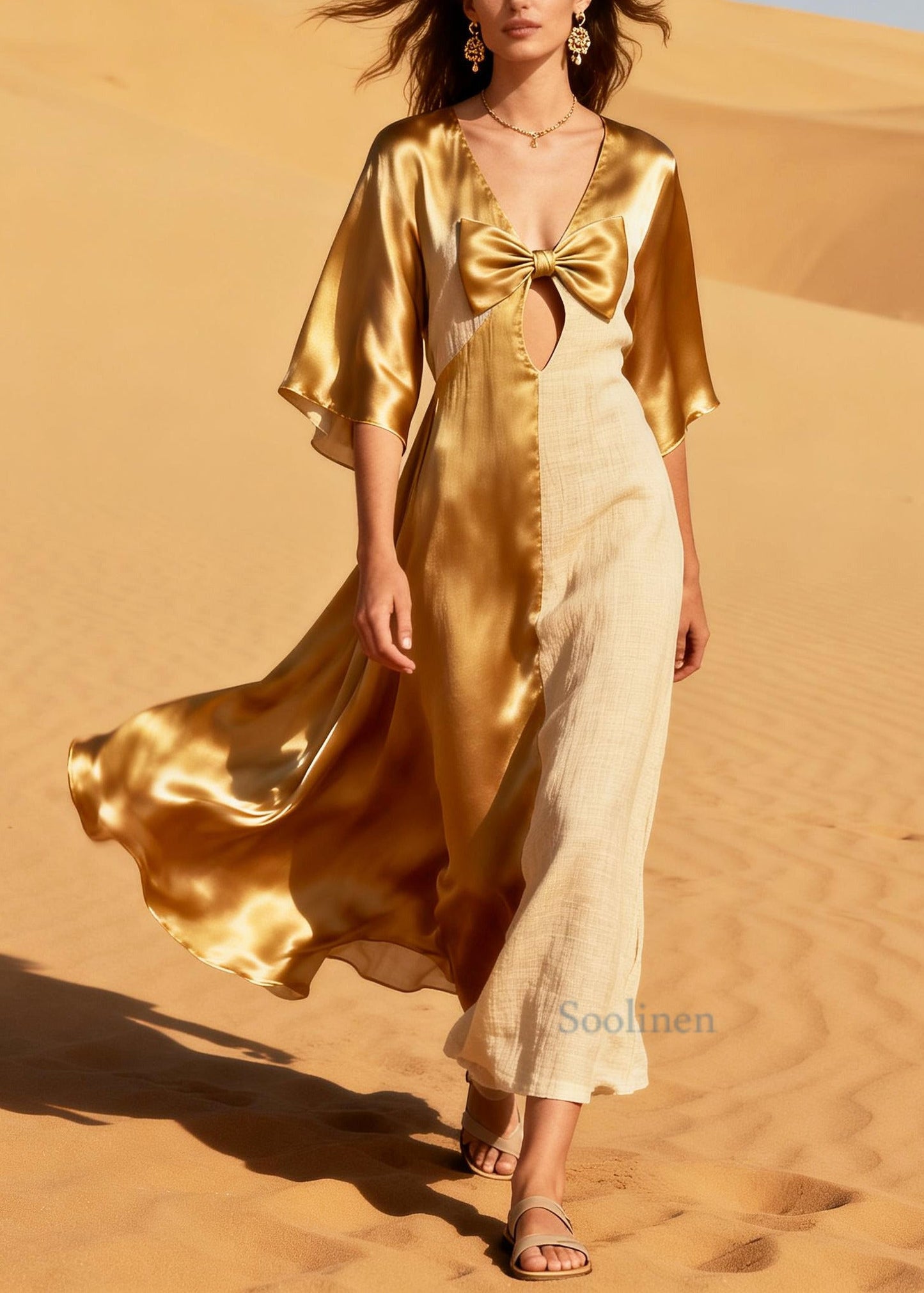 Loose Golden Bow Patchwork Linen Silk Sundress Summer