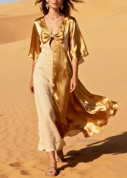Loose Golden Bow Patchwork Linen Silk Sundress Summer