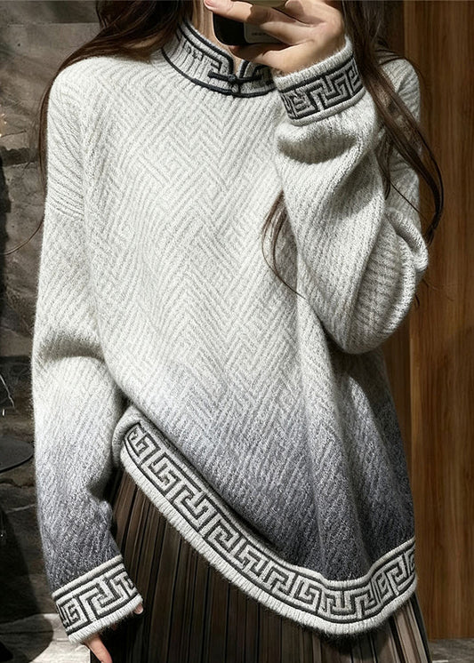 Loose Gradient Color Stand Collar Geometric Knit Sweaters Winter