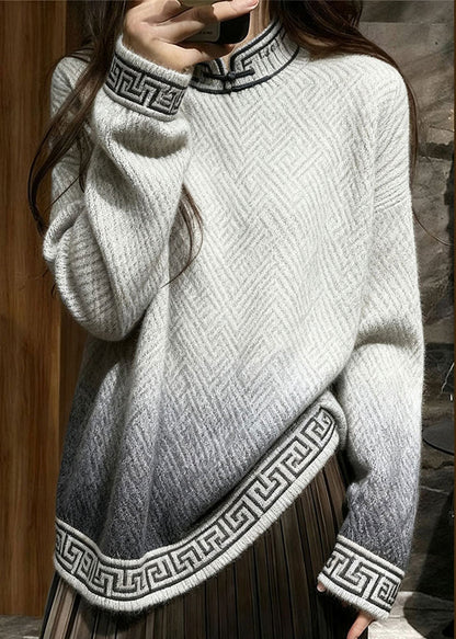 Lockere, farbverlaufende Stehkragen-Strickpullover mit geometrischem Muster für den Winter