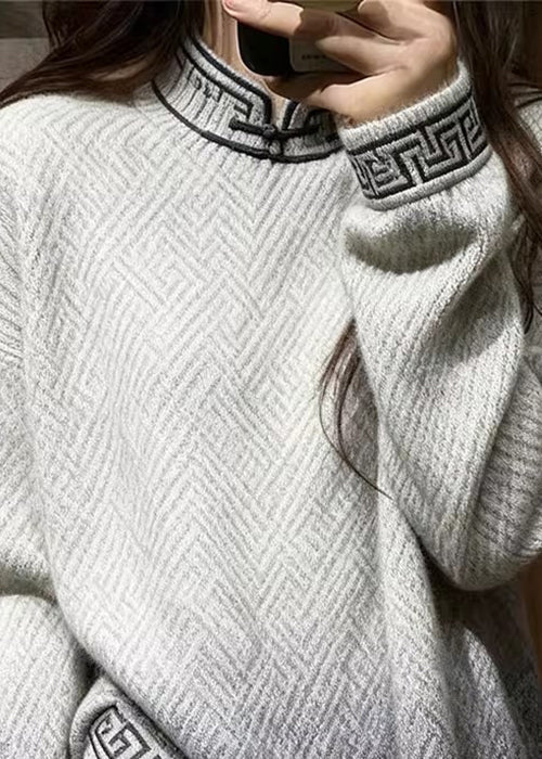 Lockere, farbverlaufende Stehkragen-Strickpullover mit geometrischem Muster für den Winter