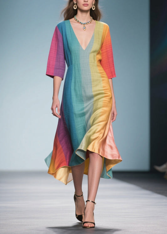 Loose Gradient Color V Neck Linen Silk Maxi Dress Summer