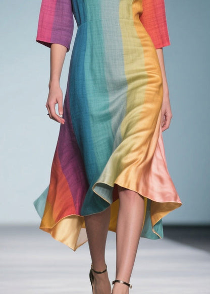 Loose Gradient Color V Neck Linen Silk Maxi Dress Summer