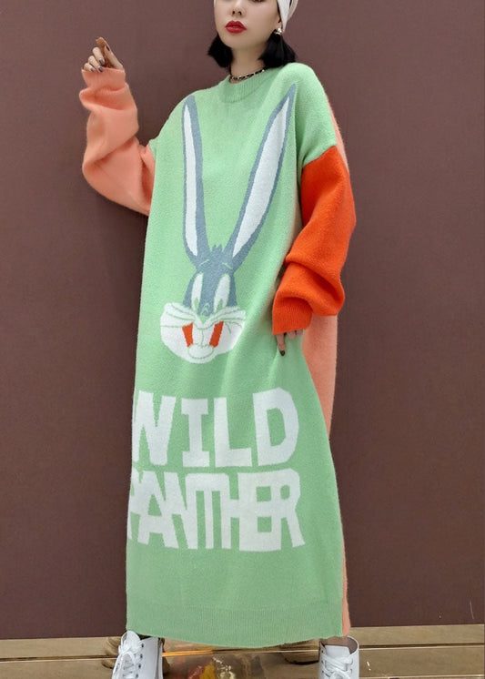 Lose Grün Tier Patchwork Strick Pullover Kleid Frühling