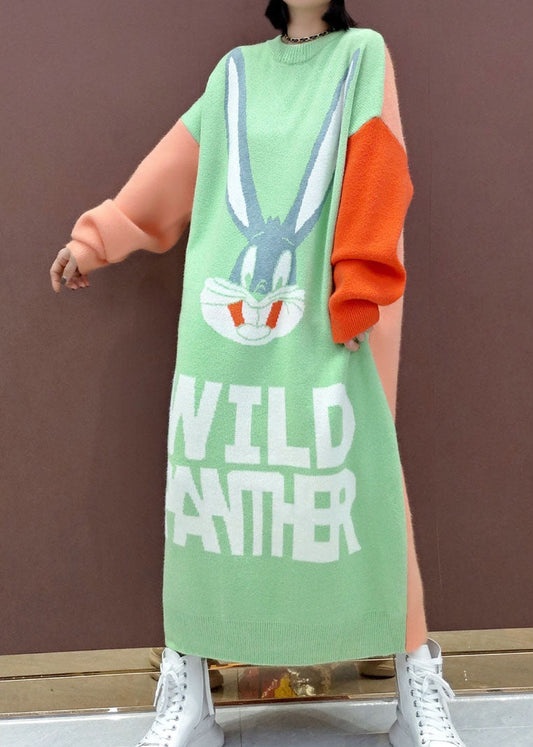 Lose Grün Tier Patchwork Strick Pullover Kleid Frühling