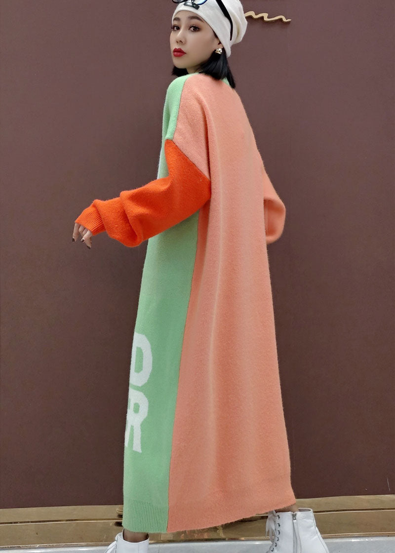 Lose Grün Tier Patchwork Strick Pullover Kleid Frühling