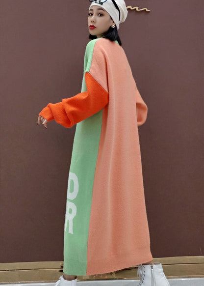 Lose Grün Tier Patchwork Strick Pullover Kleid Frühling