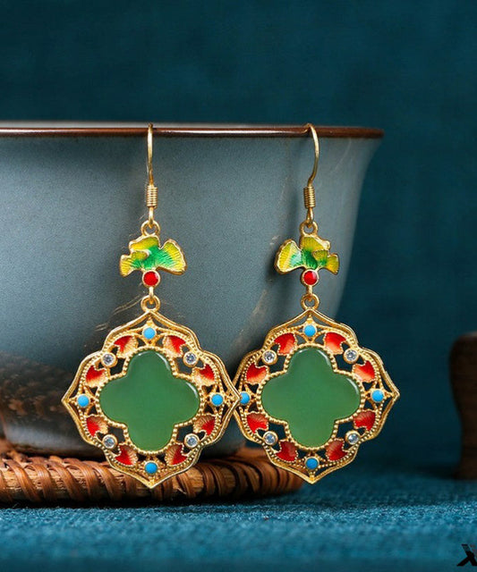 Pendientes colgantes de trébol con turquesa, circonita y jade dorado de cobre verde suelto