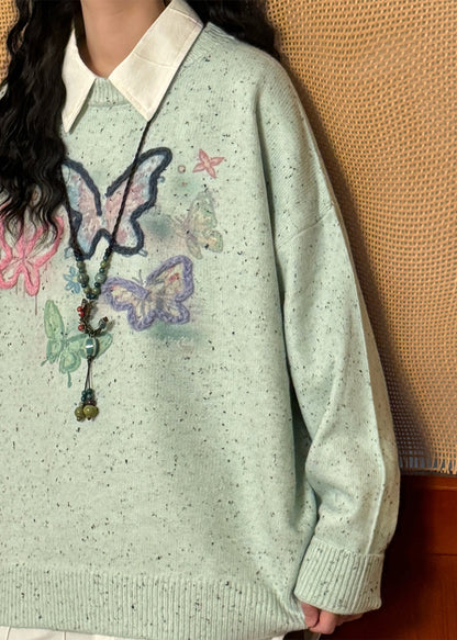 Loose Green Embroidered Butterfly Knit Sweater Tops Spring