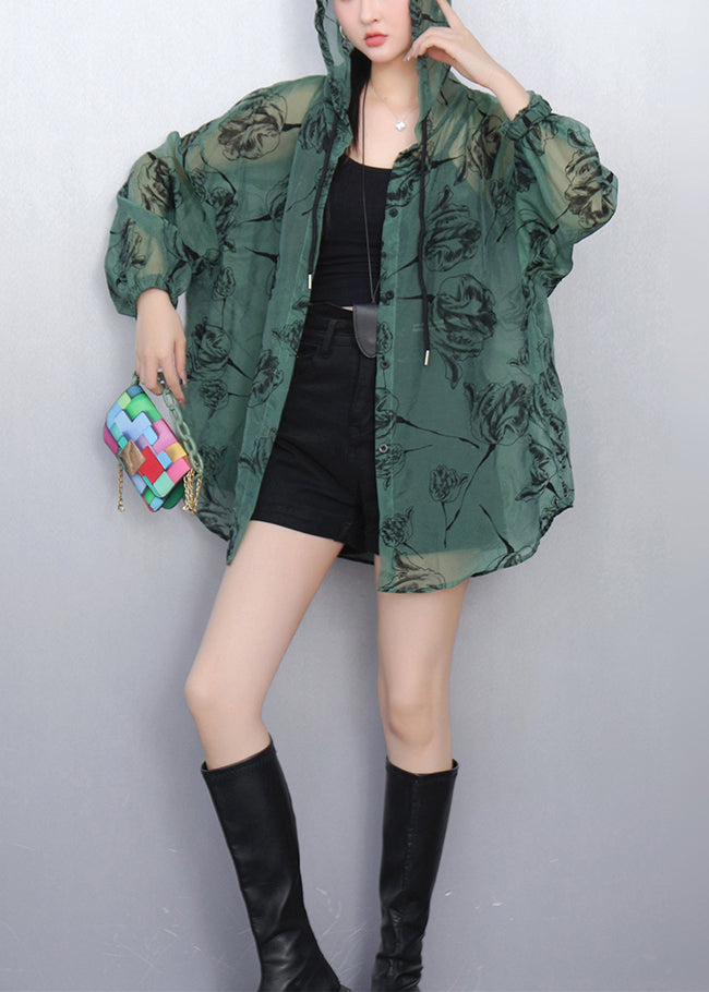 Loose Green Hooded Print Thin Coats Summer