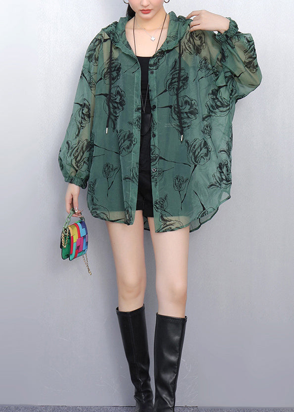 Loose Green Hooded Print Thin Coats Summer