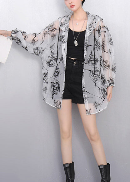 Loose Green Hooded Print Thin Coats Summer