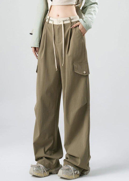 Loose Green Lace Up Pockets Cotton Pants Spring