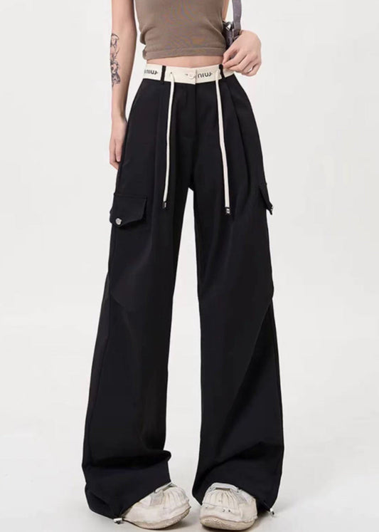 Loose Green Lace Up Pockets Cotton Pants Spring