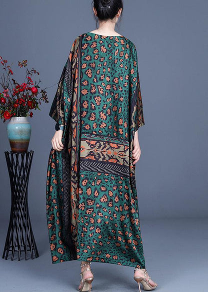 Loose Green Leopard Long sleeve Chiffon Holiday Dress Summer Spring - SooLinen