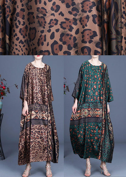 Loose Green Leopard Long sleeve Chiffon Holiday Dress Summer Spring - SooLinen