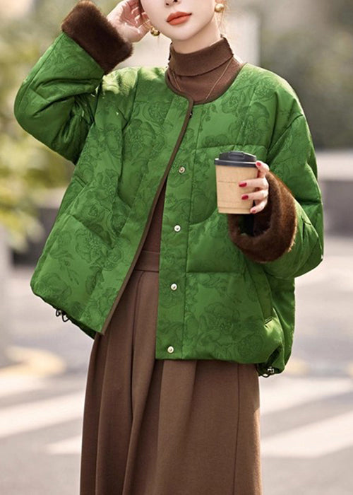 Abrigos de plumón holgados de color verde con cuello redondo y retazos mullidos para invierno