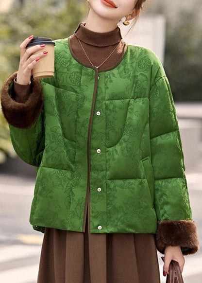 Abrigos de plumón holgados de color verde con cuello redondo y retazos mullidos para invierno