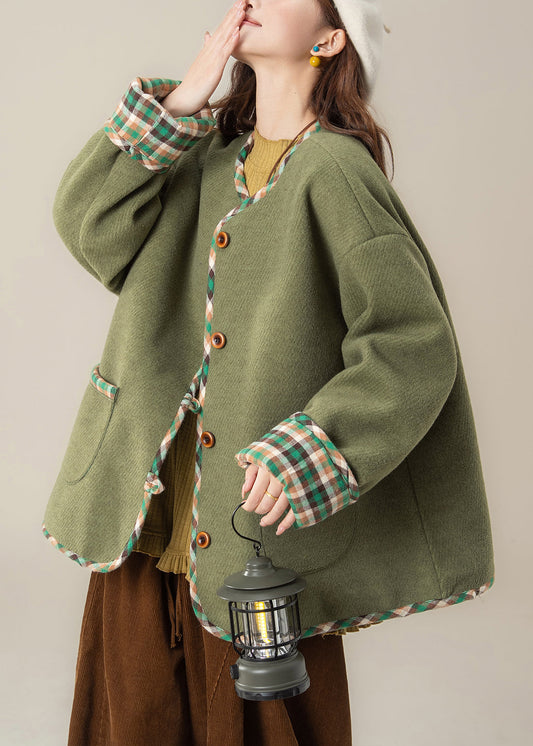Loose Green O Neck Plaid Patchwork Woolen Coat Spring
