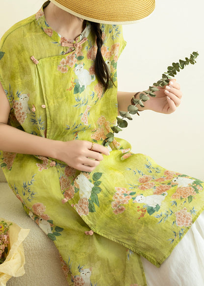 Loose Green O-Neck Print Button Linen Shirts Summer