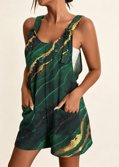 Loose Green O-Neck Print Pockets Jumpsuit Sleeveles