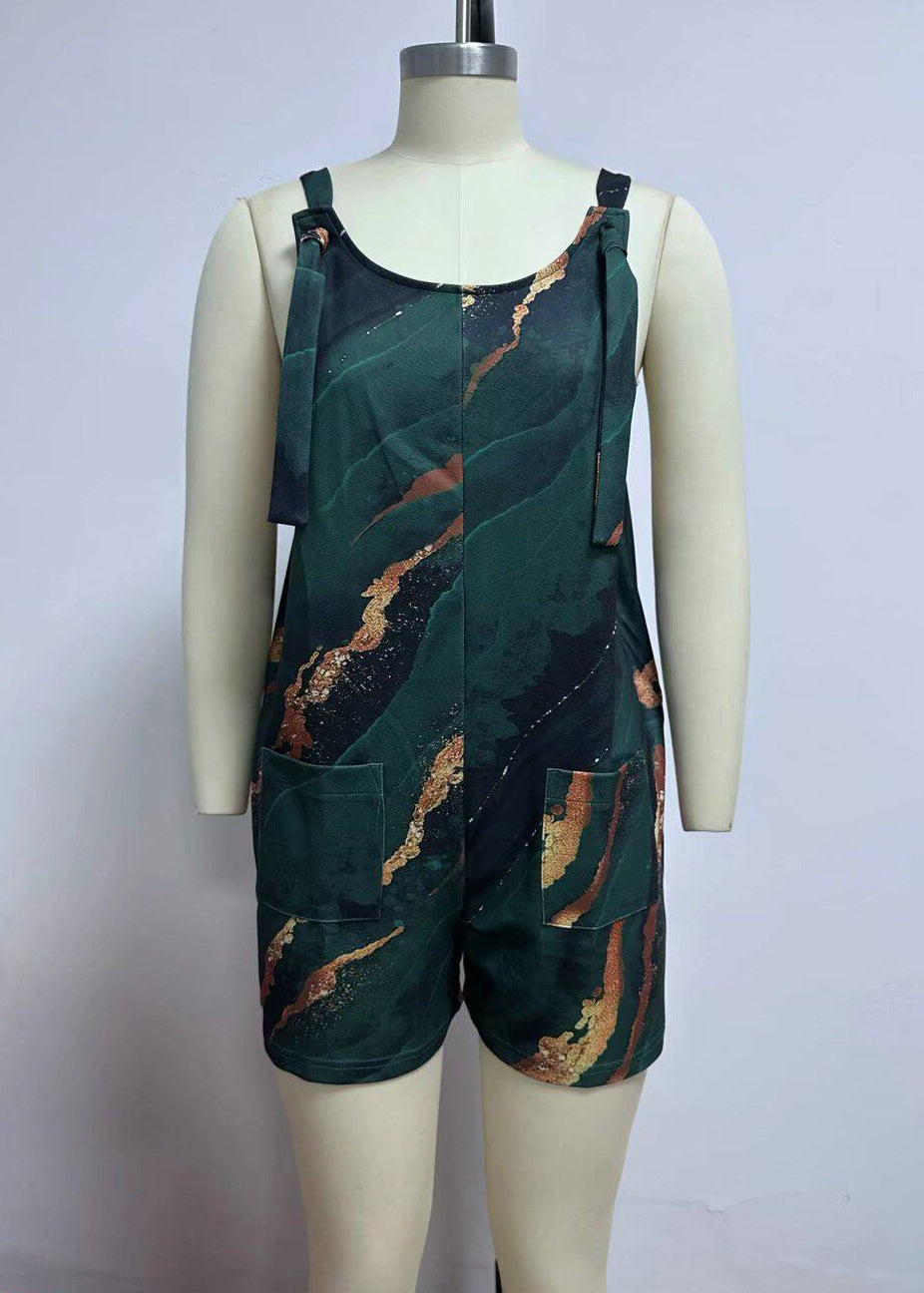 Loose Green O-Neck Print Pockets Jumpsuit Sleeveles