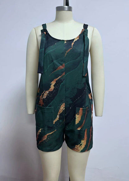 Loose Green O-Neck Print Pockets Jumpsuit Sleeveles