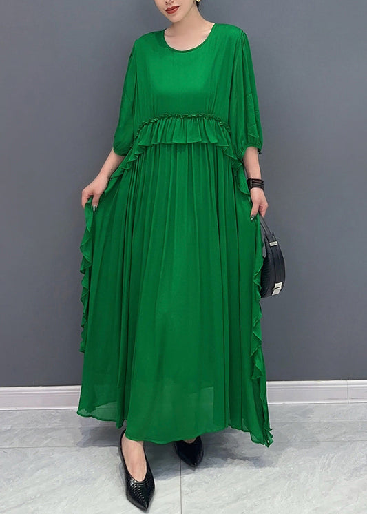 Loose Green O-Neck Ruffled Chiffon Long Dress Half Sleeve