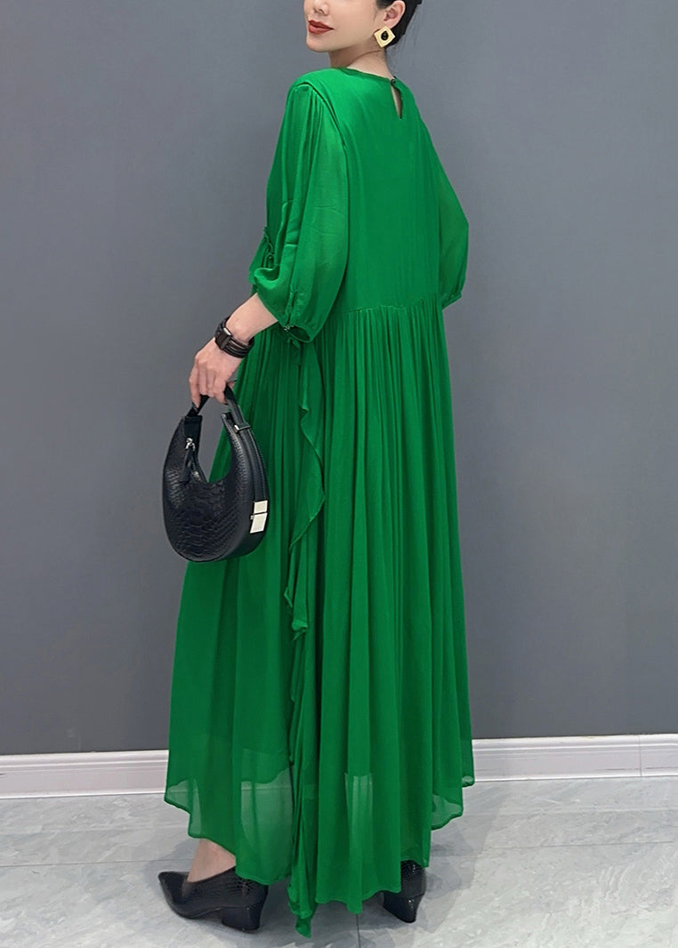 Loose Green O-Neck Ruffled Chiffon Long Dress Half Sleeve