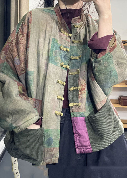 Lose Grüne Oriental Buttpn Patchwork Cord Taschen Feine Baumwolle Gefüllte Mäntel Winter