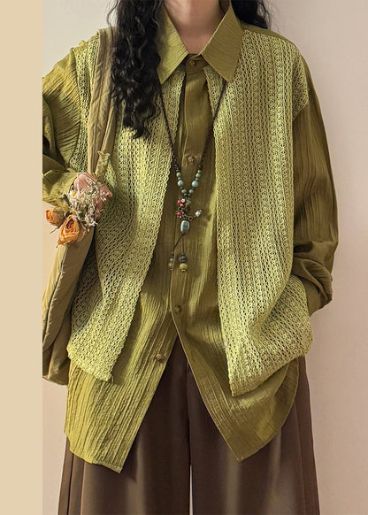 Loose Green Peter Pan Collar False Two Pieces Knit Patchwork Shirt Spring