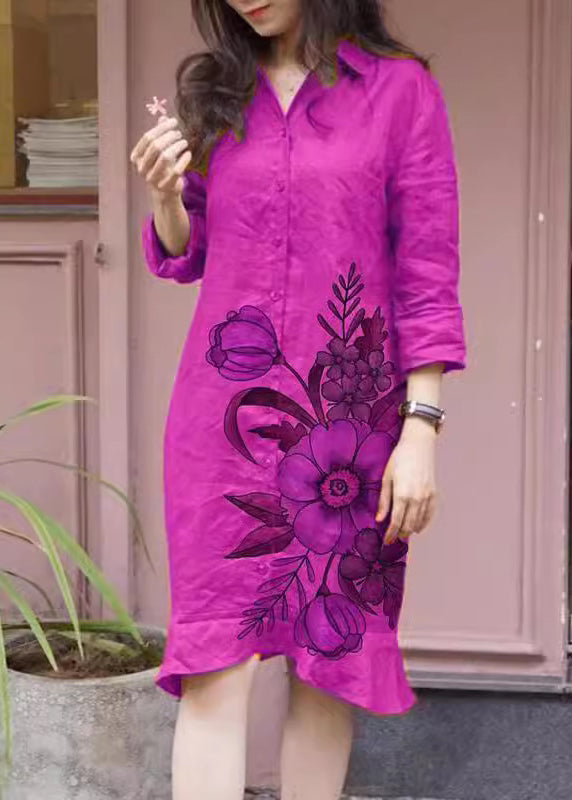 Loose Green Peter Pan Collar Print Button Long Shirts Dress Fall