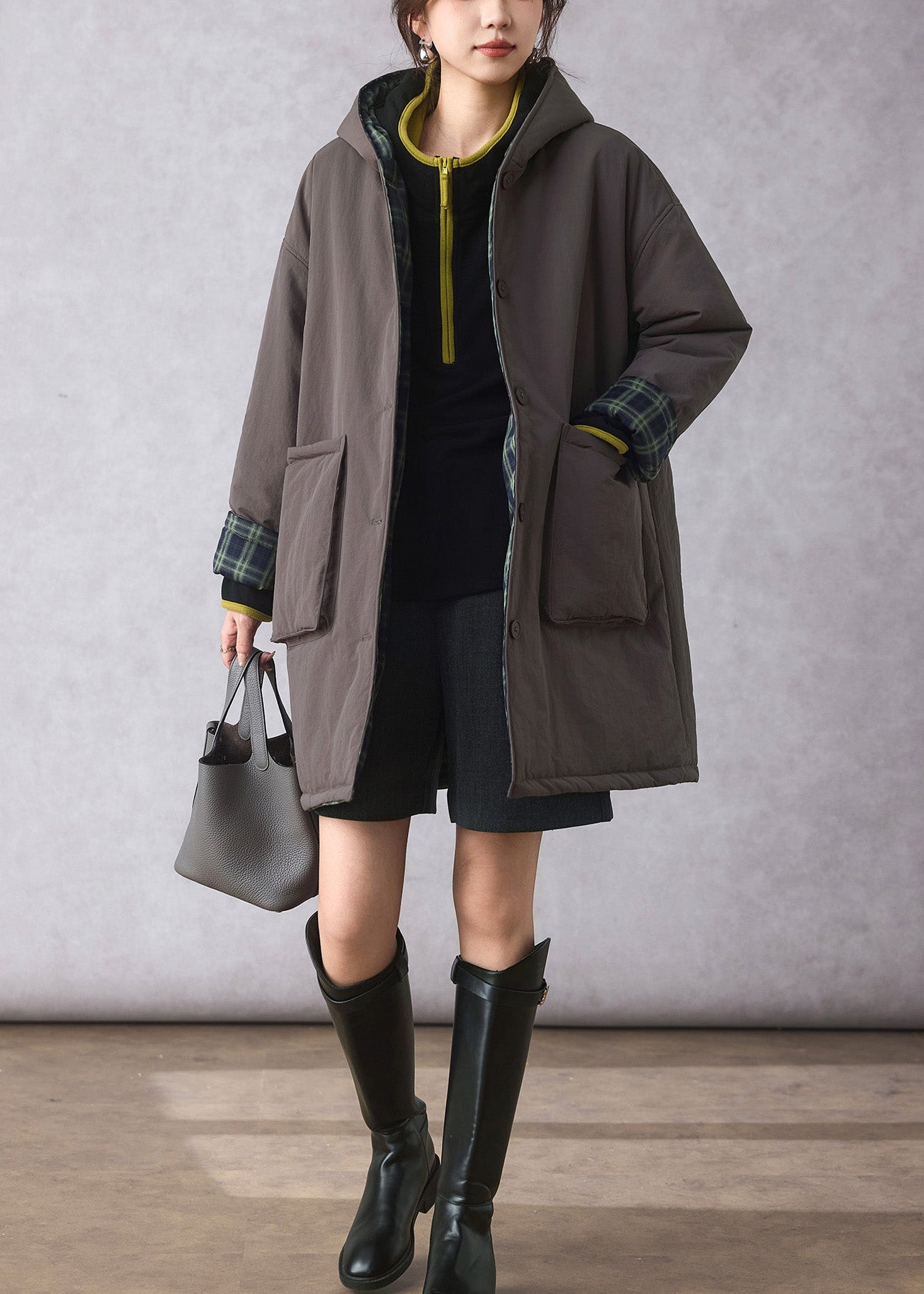 Loose Green Plaid Wear On Both Sides Fine Cotton Filled Hooded Coats Winter