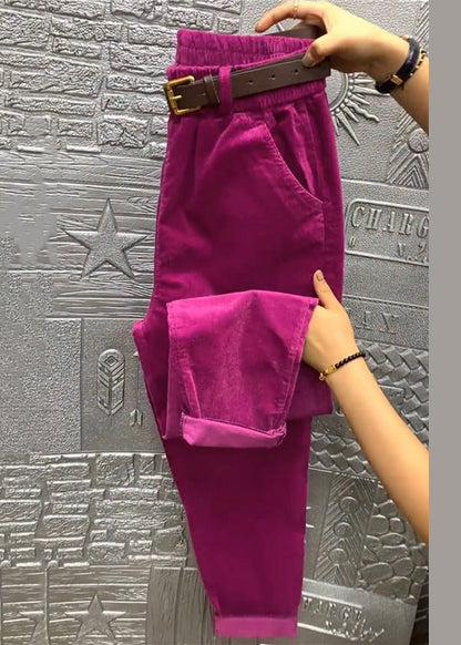 Locker geschnittene grüne Haremshose aus Cord mit Taschen und elastischem Bund für den Herbst