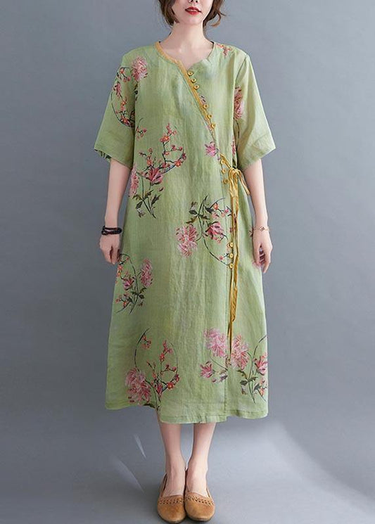 Loose Green Print Button Maxi Summer Cotton Dress - SooLinen