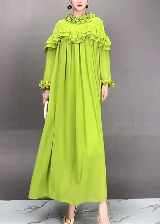 Loose Green Ruffled Solid Chiffon Long Dress Fall