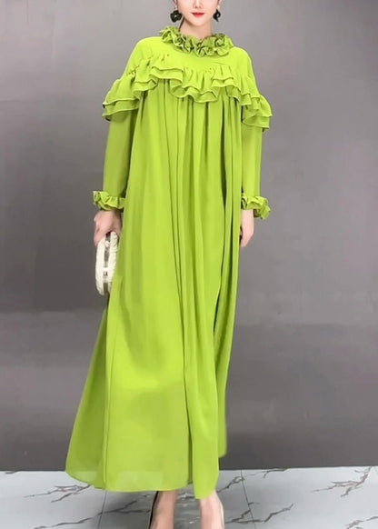 Loose Green Ruffled Solid Chiffon Long Dress Fall