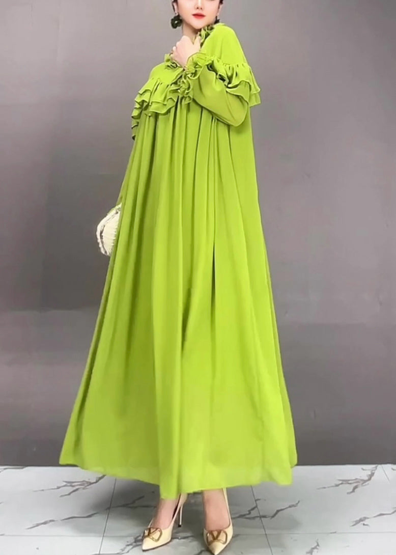 Loose Green Ruffled Solid Chiffon Long Dress Fall