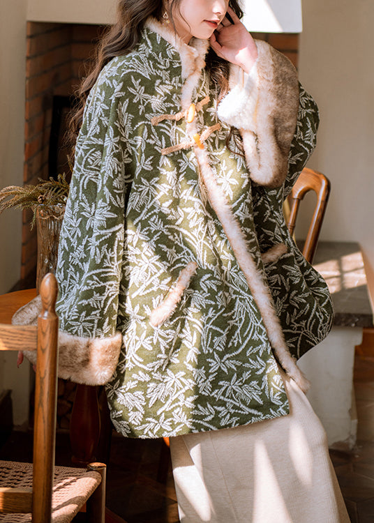 Parkas de forro polar cálidas con estampado de patchwork y cuello alto verde holgado y mangas murciélago