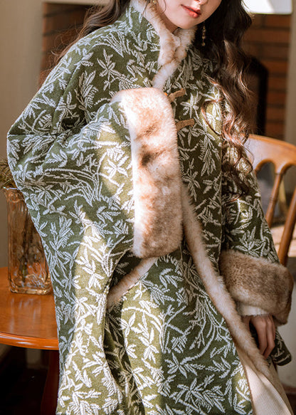 Parkas de forro polar cálidas con estampado de patchwork y cuello alto verde holgado y mangas murciélago