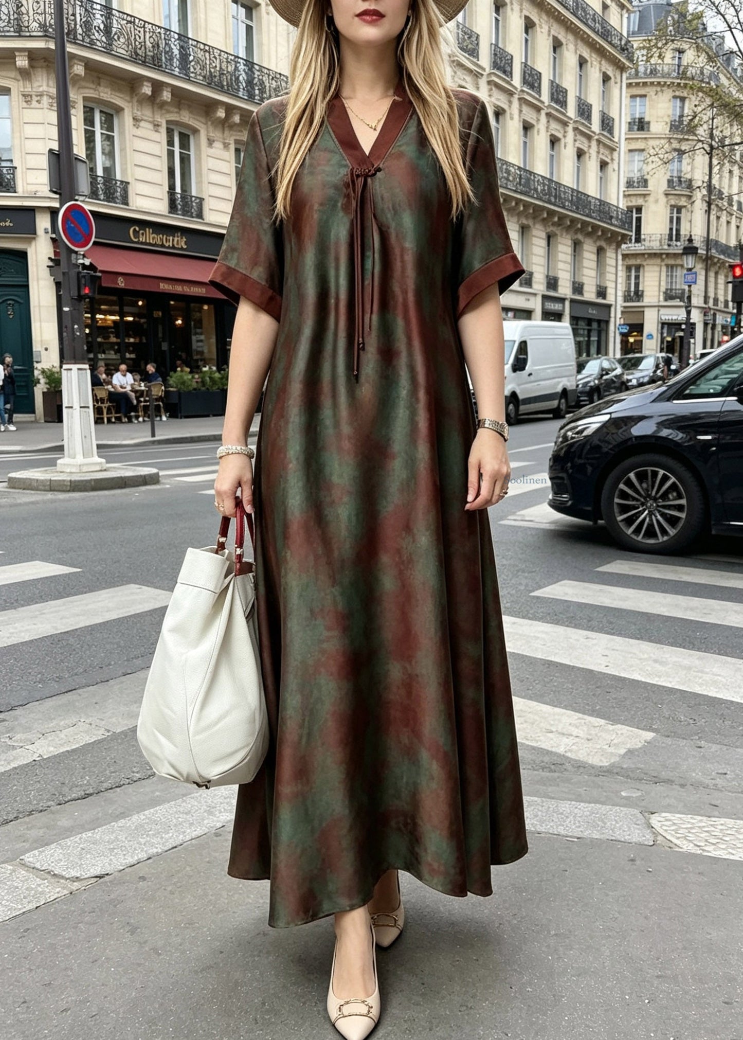Loose Green Stand Collar Print Silk Maxi Dresses Short Sleeve