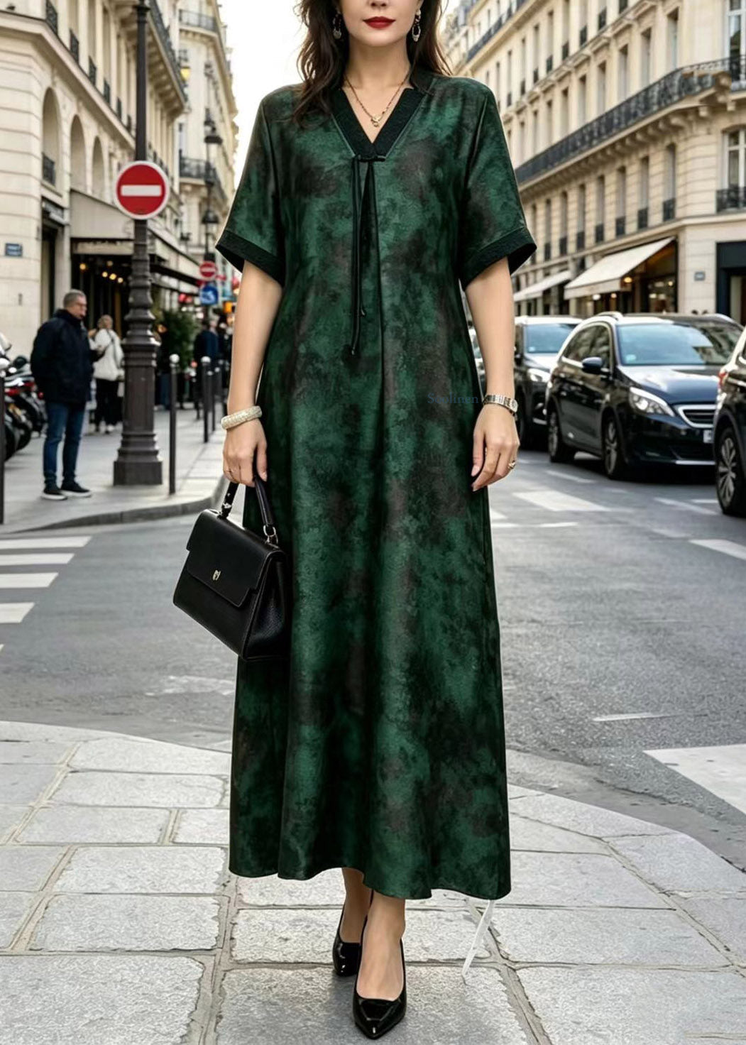 Loose Green Stand Collar Print Silk Maxi Dresses Short Sleeve
