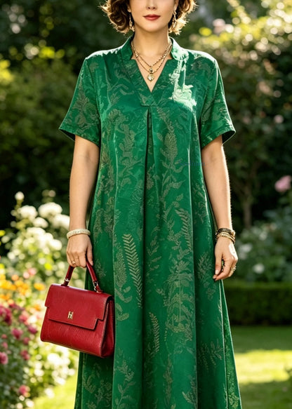 Loose Green Stand Collar Print Silk Maxi Dresses Short Sleeve